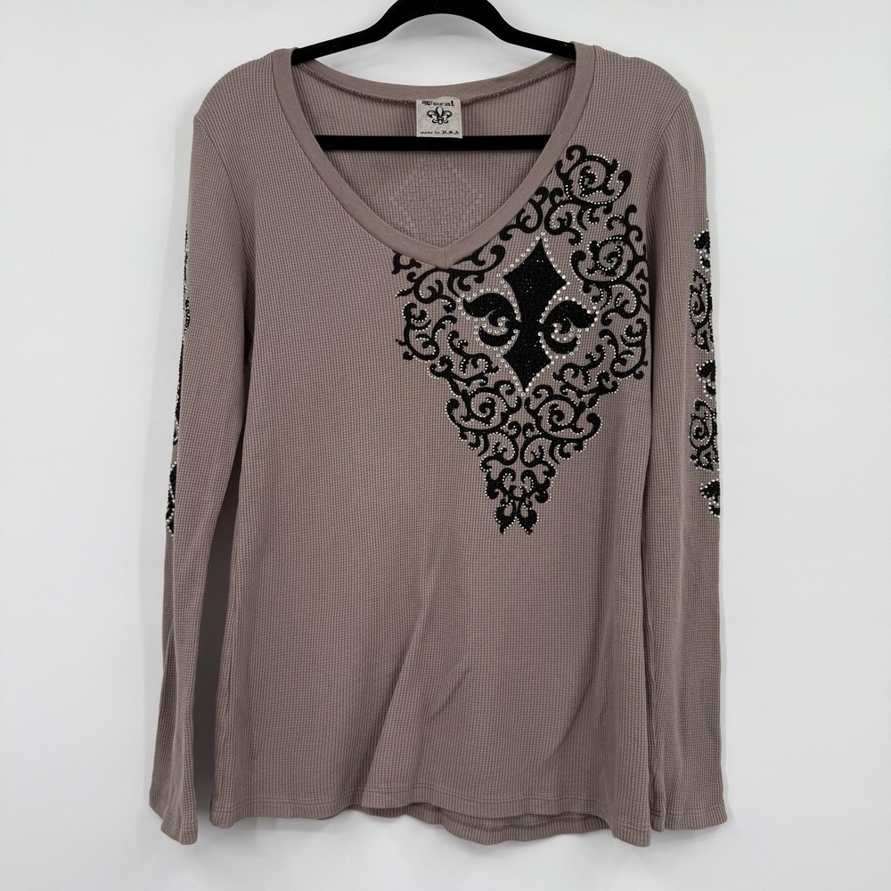Vocal Tunic Shirt Womens M Beige Rhinestone‎ Long Sleeve Waffle Knit Stretch